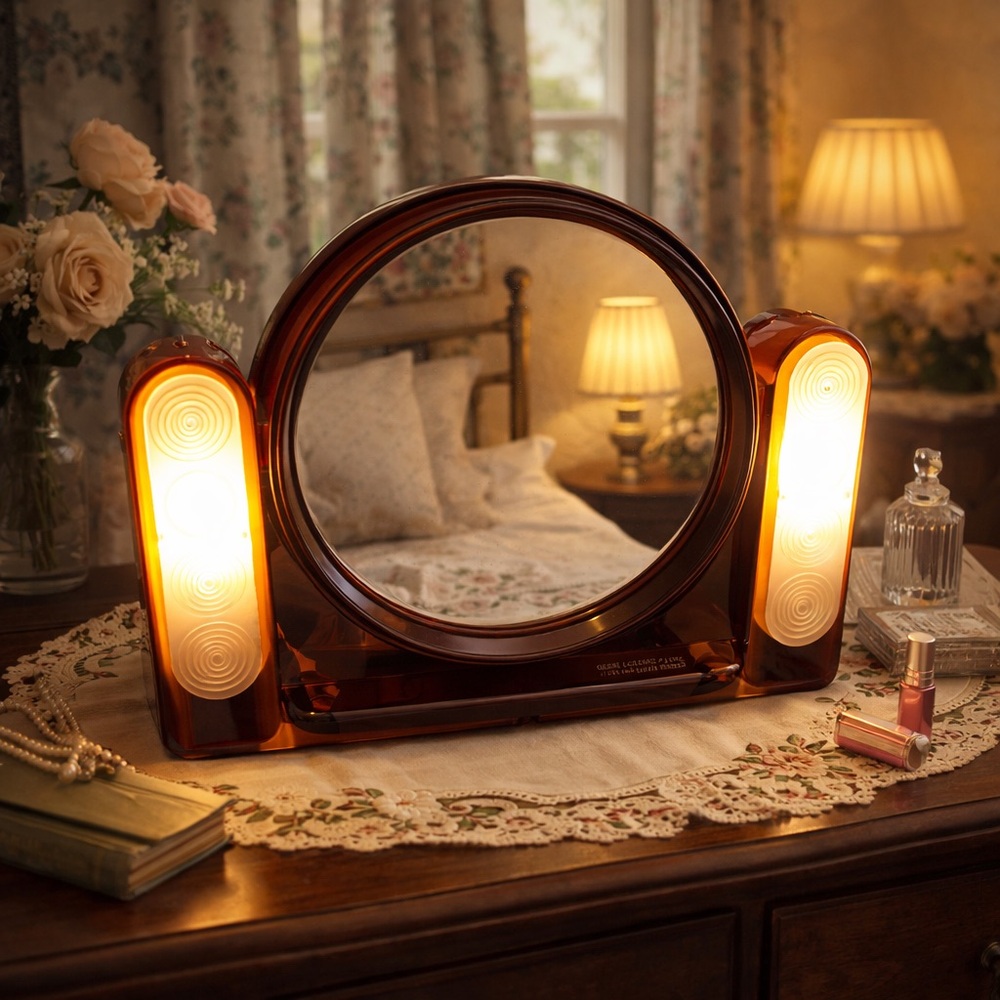 GENERAL ELECTRIC The Looking Glass Vintage Amber Vanity Mirror Art Deco Bakelite